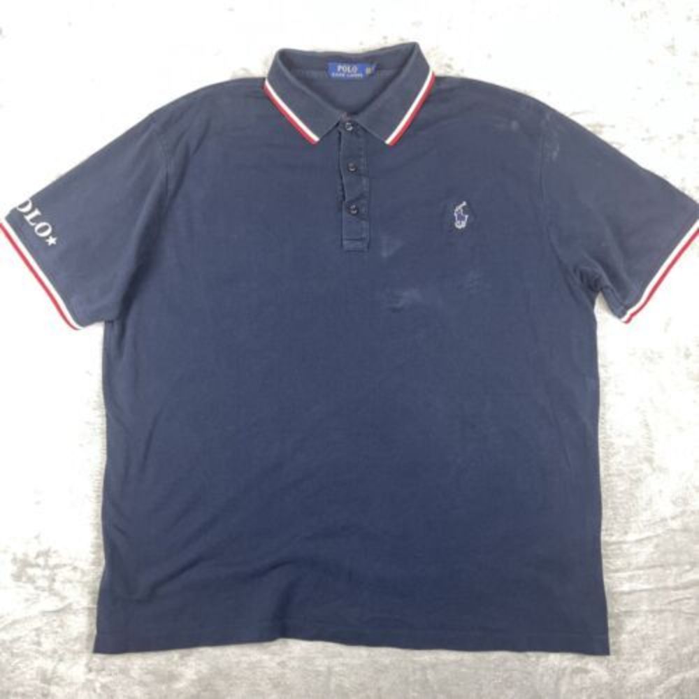 Polo Ralph Lauren Men’s 2XB Shirt Pique Cotton Navy Logo Spellout Collar‎ *read*
